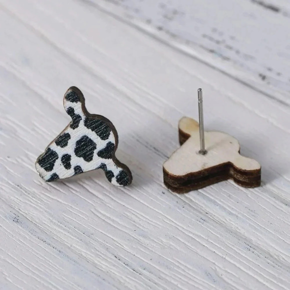Western Style Drop Earrings Bohemian Cow Head Shape Wooden Hook Earrings - Picture 4 of 6